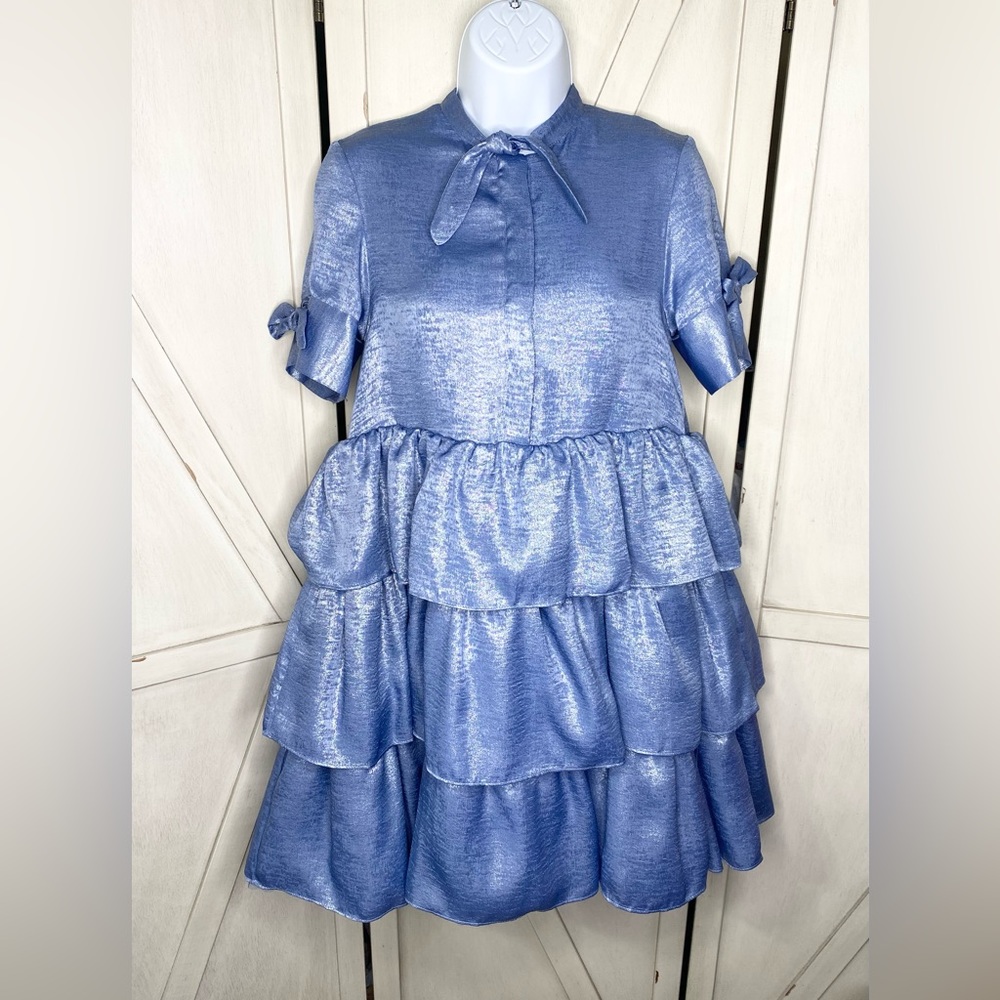 MIMISOL METALLIC LUREX FLOUNCE DRESS IN BLUE 14Y